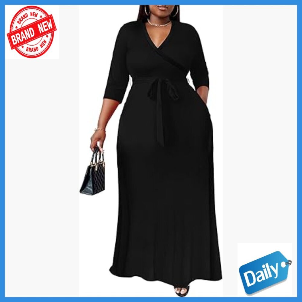 Plus Size Maxi Dress with Belt 3/4 Sleeve Flowy Long Casual Summer